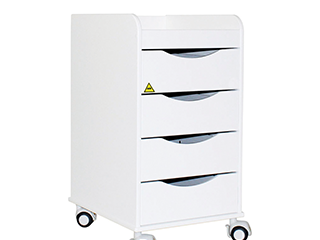 A white MRI cabinet with four drawers and casters.