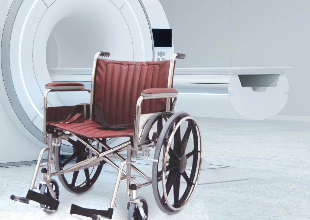 A burgundy MRI wheelchair next to an MRI scanner.