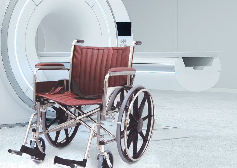 A burgundy MRI wheelchair next to an MRI scanner.