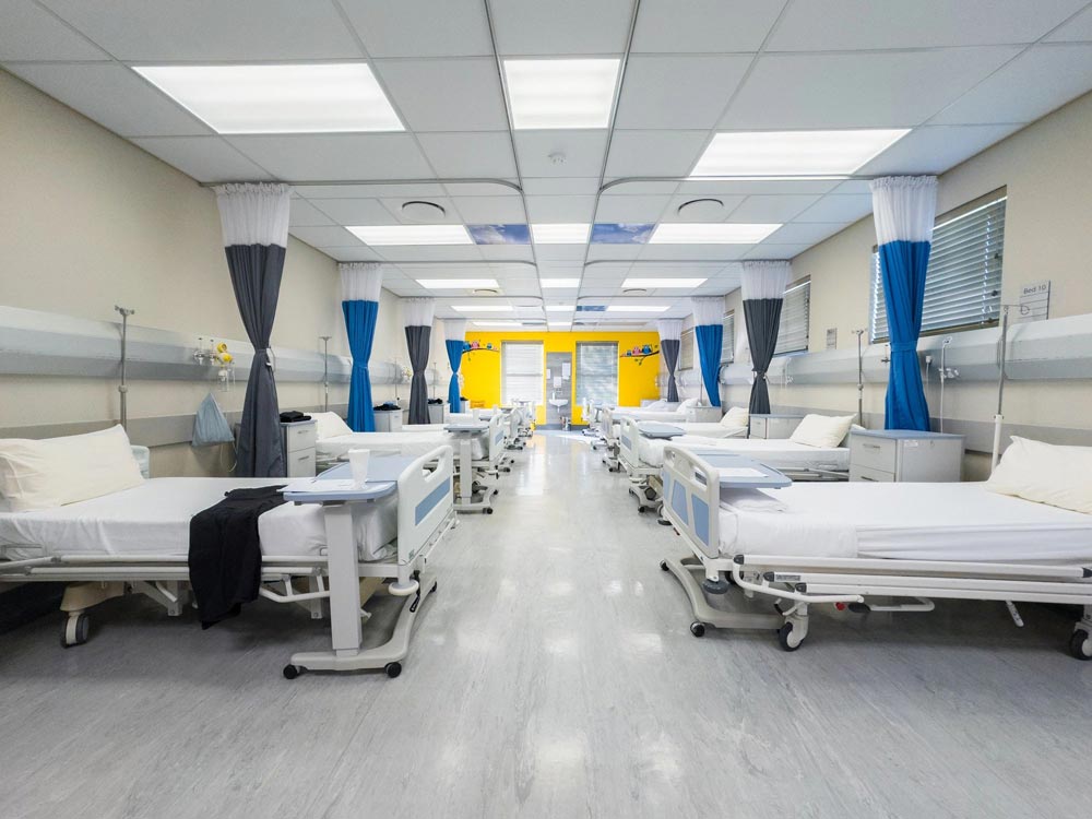 MRI room equipment and furniture in a clinical imaging environment