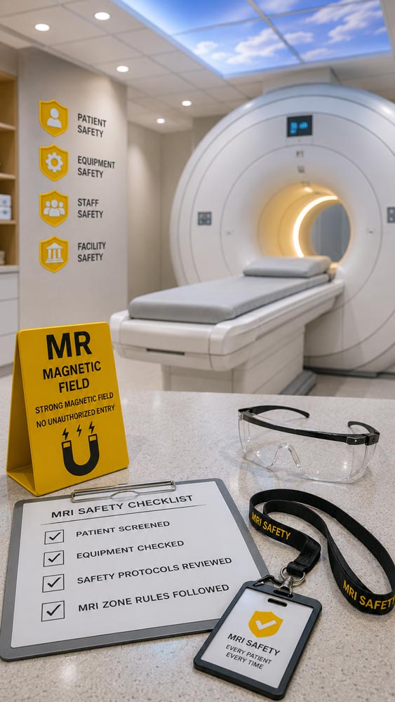 Yellow MRI safety signage. A safety checklist on a clipboard next to glasses and badge. MRI in back