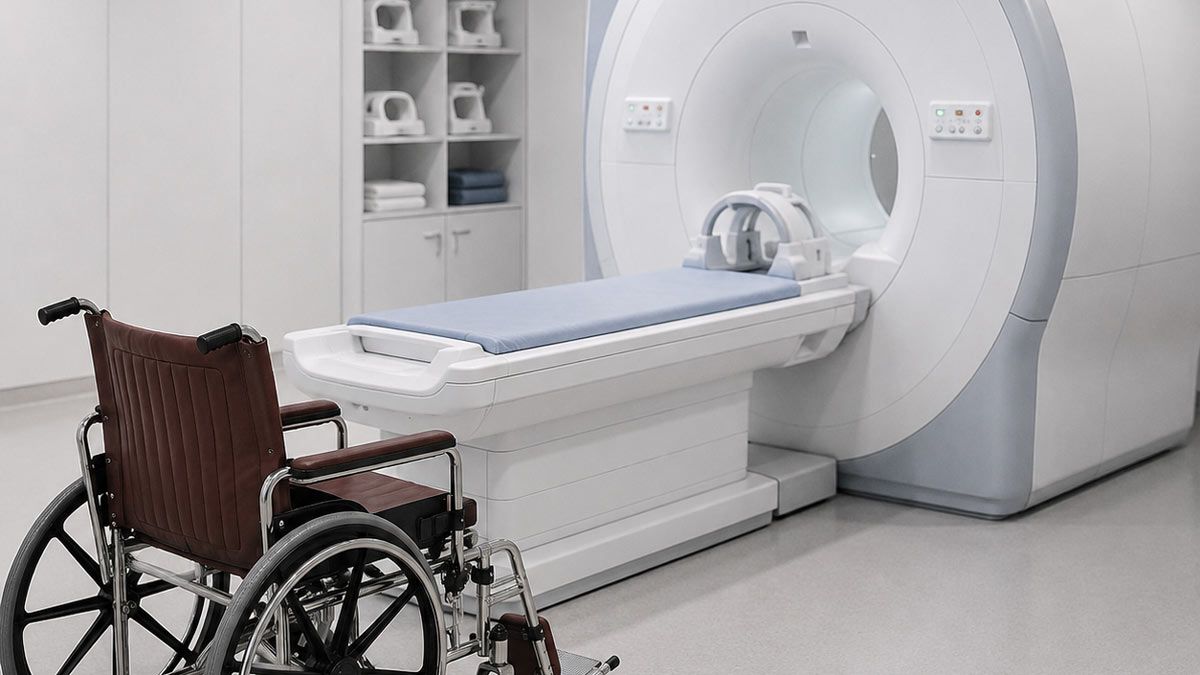 MRI with burgundy MR conditional wheelchair across from it